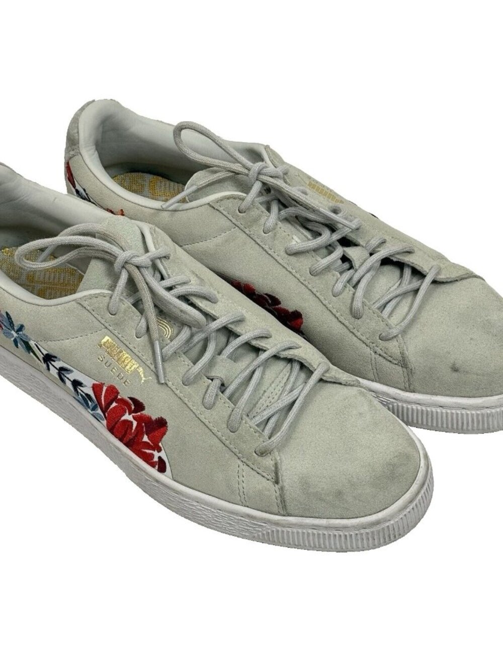 Women's PUMA Suede Hyper Floral Embroidery Embellished Size 9.5 US Shoes Grey